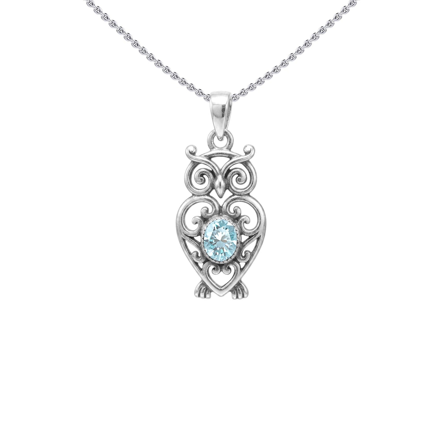Filigree Owl  Sterling Silver Pendant with Gemstone TPD6620
