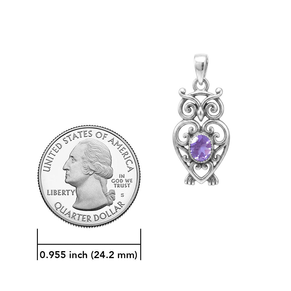 Filigree Owl  Sterling Silver Pendant with Gemstone TPD6620