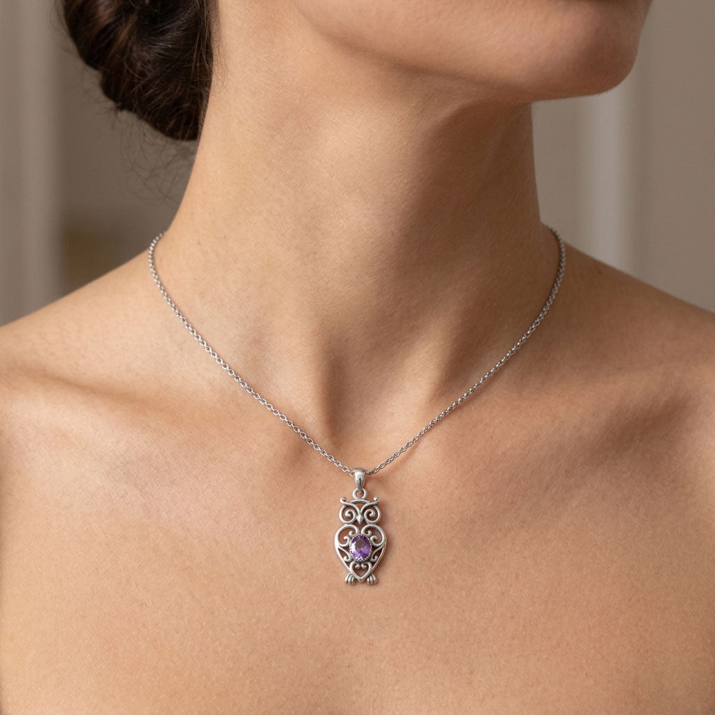 Filigree Owl  Sterling Silver Pendant with Gemstone TPD6620