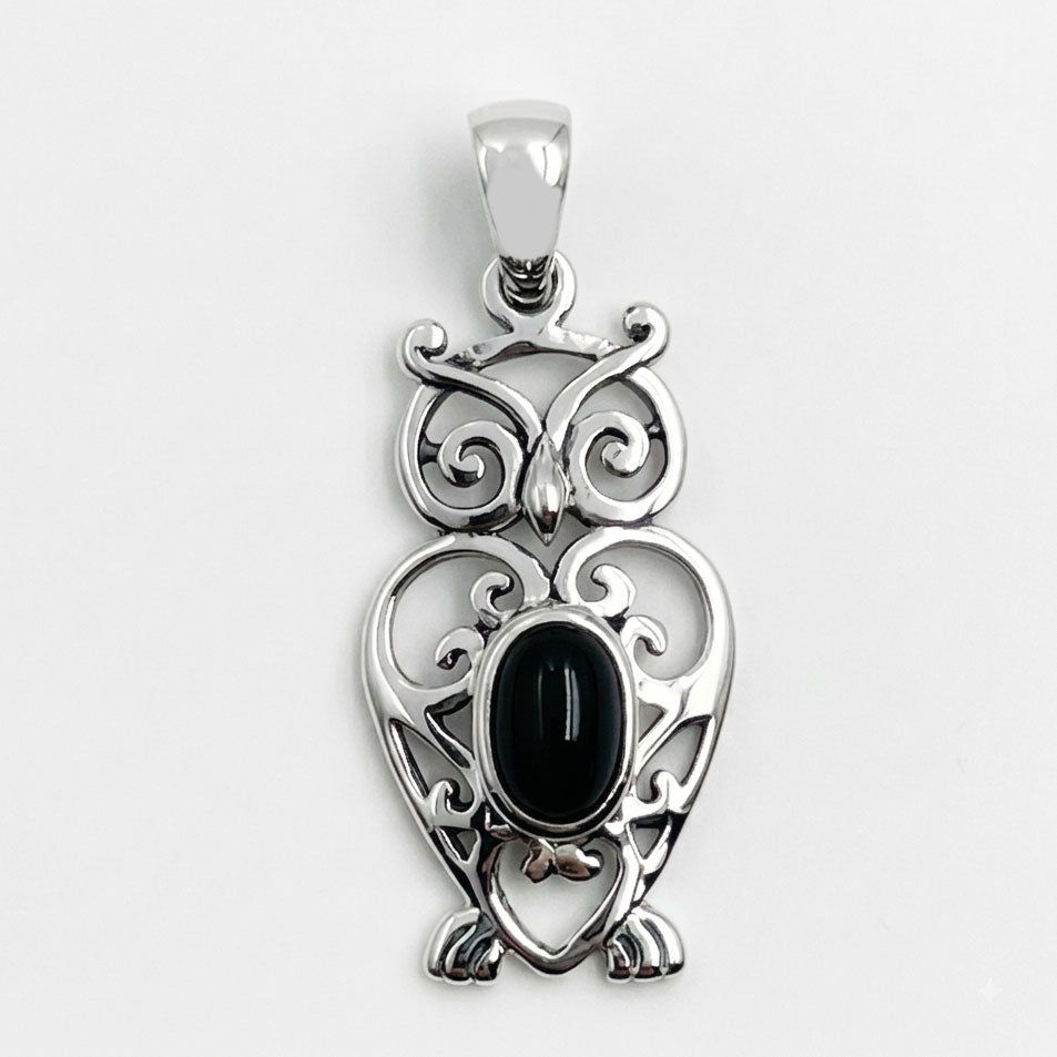 Filigree Owl  Sterling Silver Pendant with Gemstone TPD6620