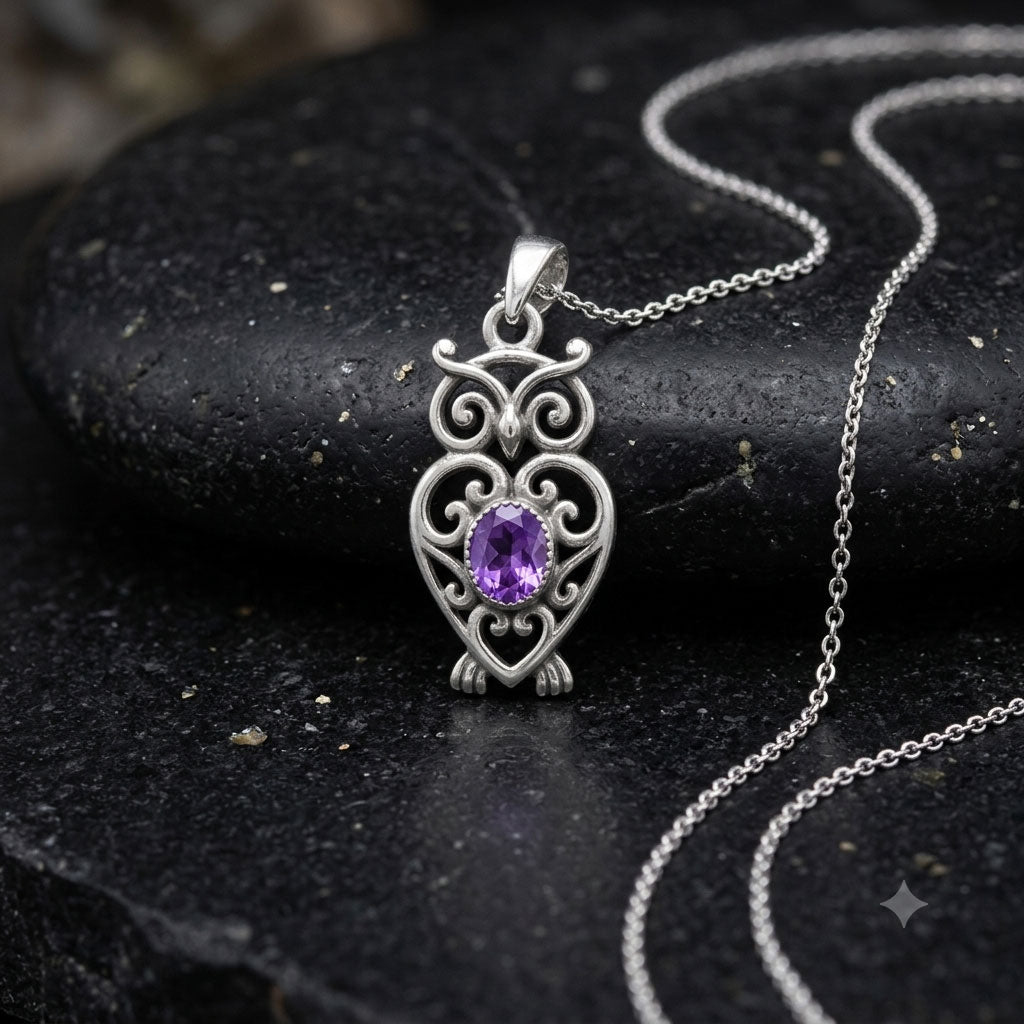Filigree Owl  Sterling Silver Pendant with Gemstone TPD6620