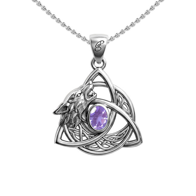 Celtic Wolf with Triquetra and Gemstone Sterling Silver Pendant TPD6671