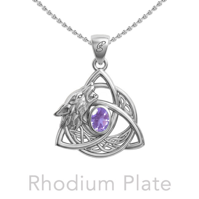 Celtic Wolf with Triquetra and Gemstone Sterling Silver Pendant TPD6671