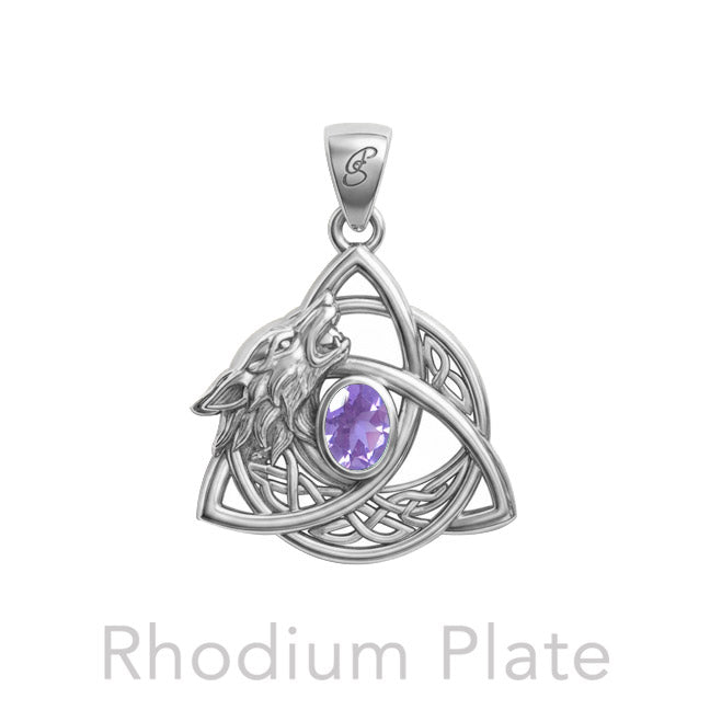Celtic Wolf with Triquetra and Gemstone Sterling Silver Pendant TPD6671