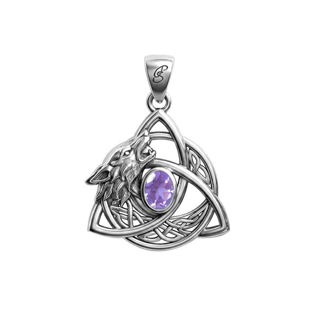 Celtic Wolf with Triquetra and Gemstone Sterling Silver Pendant TPD6671