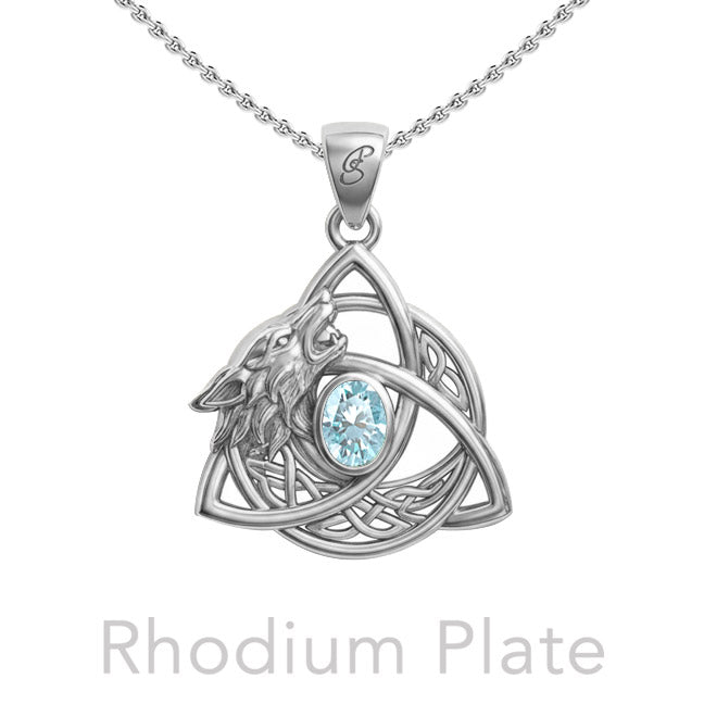 Celtic Wolf with Triquetra and Gemstone Sterling Silver Pendant TPD6671