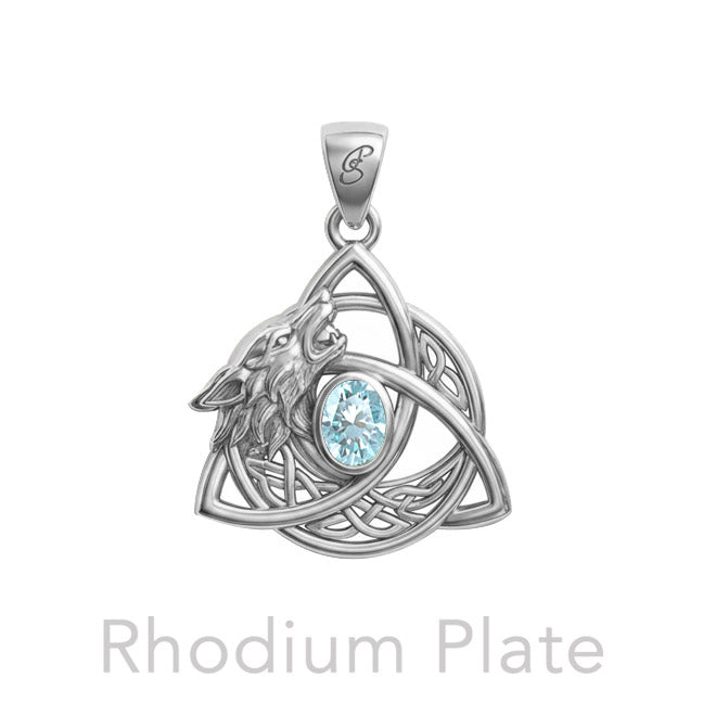 Celtic Wolf with Triquetra and Gemstone Sterling Silver Pendant TPD6671