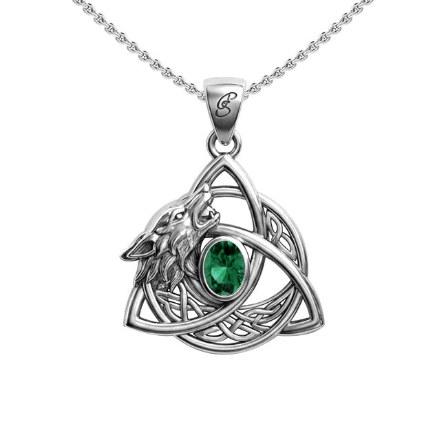 Celtic Wolf with Triquetra and Gemstone Sterling Silver Pendant TPD6671