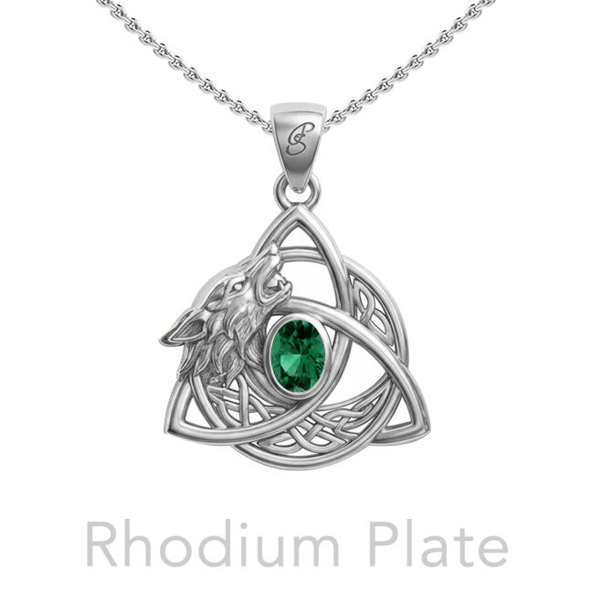 Celtic Wolf with Triquetra and Gemstone Sterling Silver Pendant TPD6671