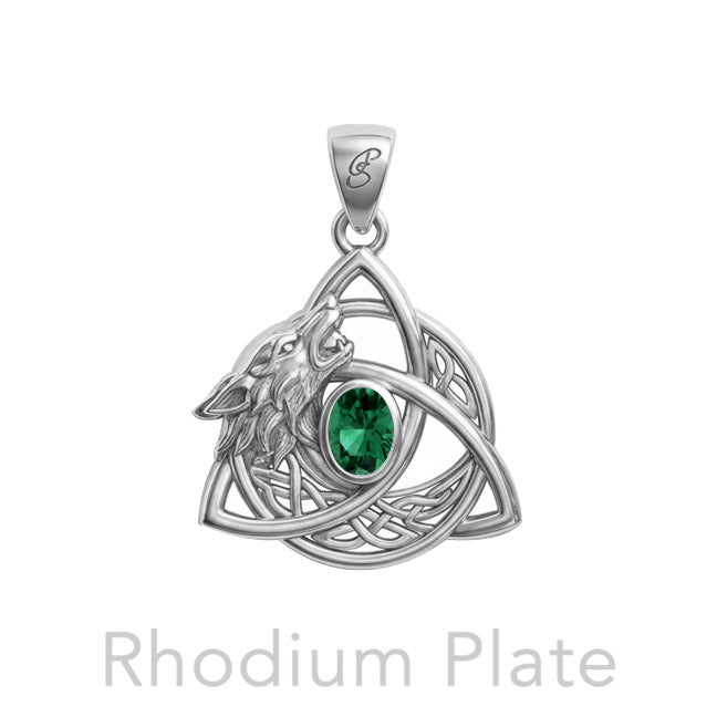 Celtic Wolf with Triquetra and Gemstone Sterling Silver Pendant TPD6671