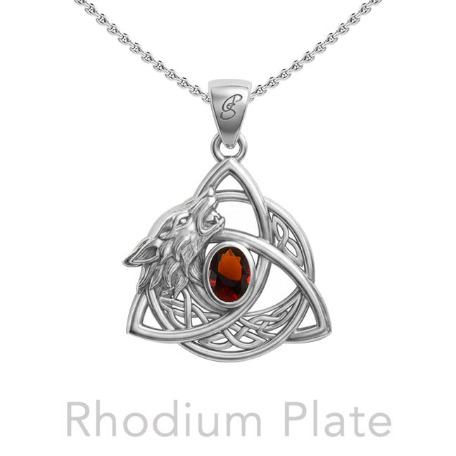 Celtic Wolf with Triquetra and Gemstone Sterling Silver Pendant TPD6671