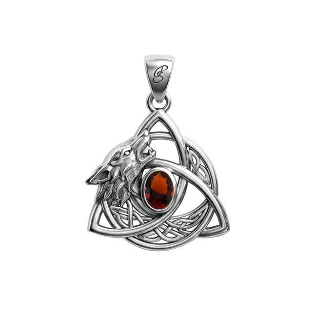 Celtic Wolf with Triquetra and Gemstone Sterling Silver Pendant TPD6671