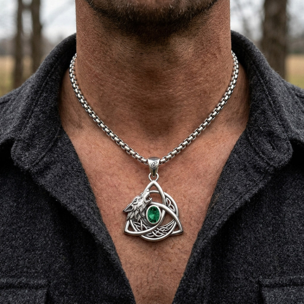 Celtic Wolf with Triquetra and Gemstone Sterling Silver Pendant TPD6671