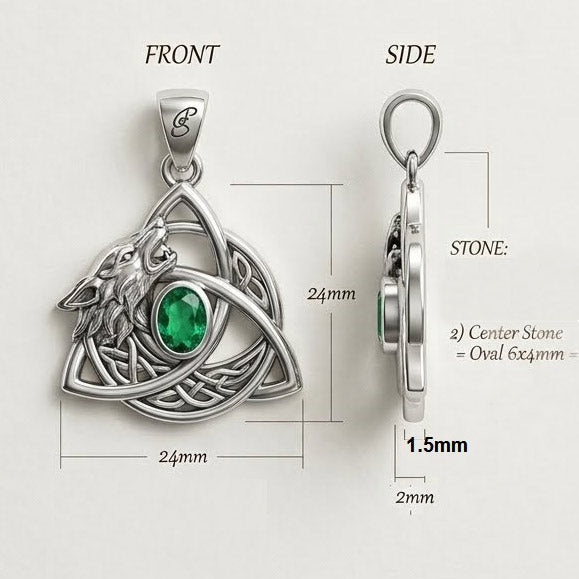 Celtic Wolf with Triquetra and Gemstone Sterling Silver Pendant TPD6671