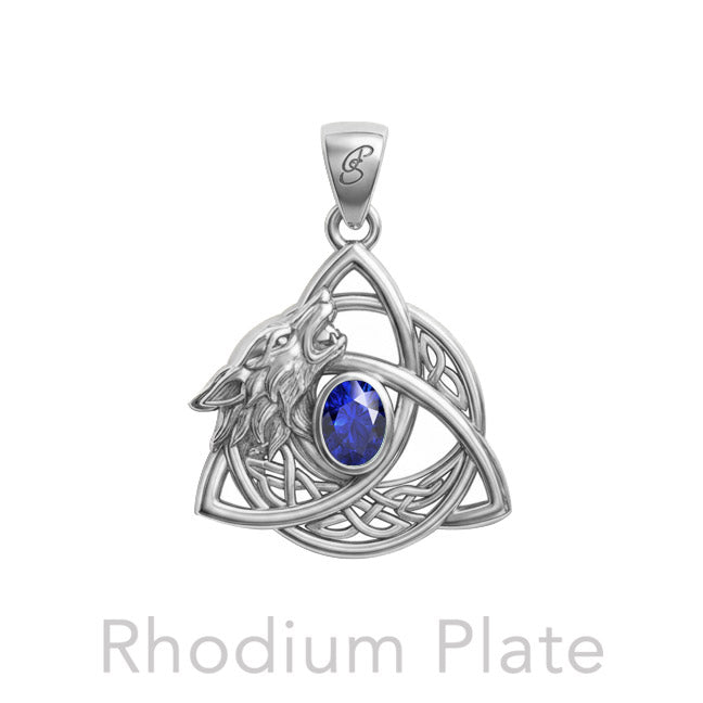 Celtic Wolf with Triquetra and Gemstone Sterling Silver Pendant TPD6671
