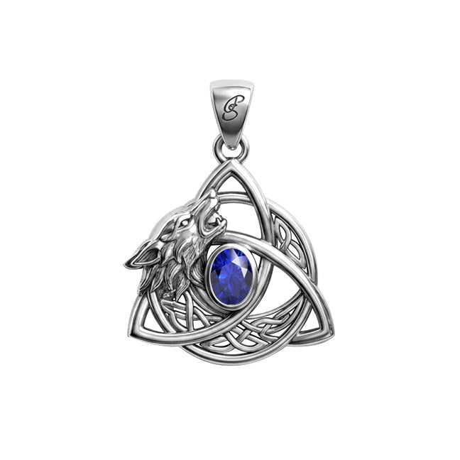 Celtic Wolf with Triquetra and Gemstone Sterling Silver Pendant TPD6671
