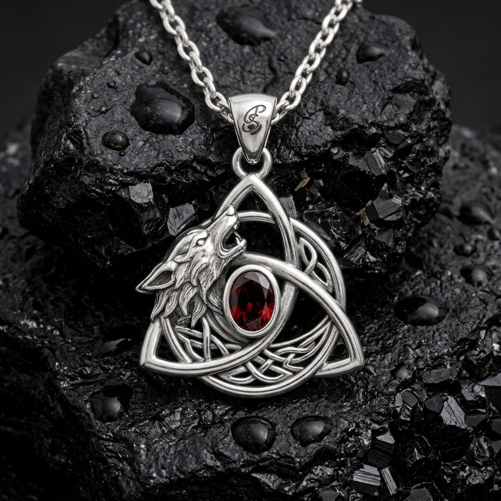 Celtic Wolf with Triquetra and Gemstone Sterling Silver Pendant TPD6671