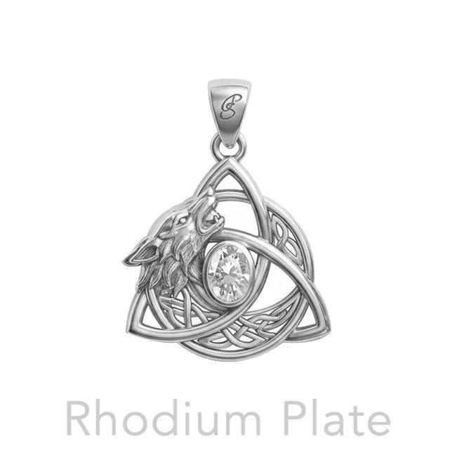 Celtic Wolf with Triquetra and Gemstone Sterling Silver Pendant TPD6671