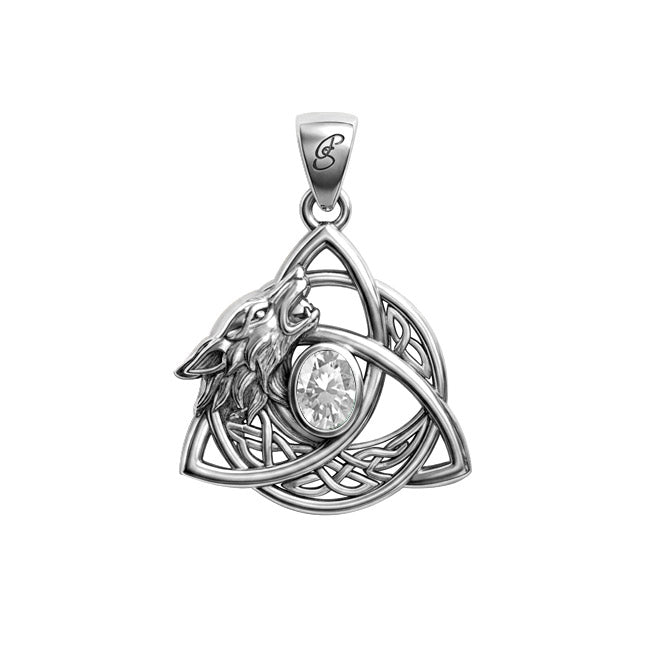 Celtic Wolf with Triquetra and Gemstone Sterling Silver Pendant TPD6671
