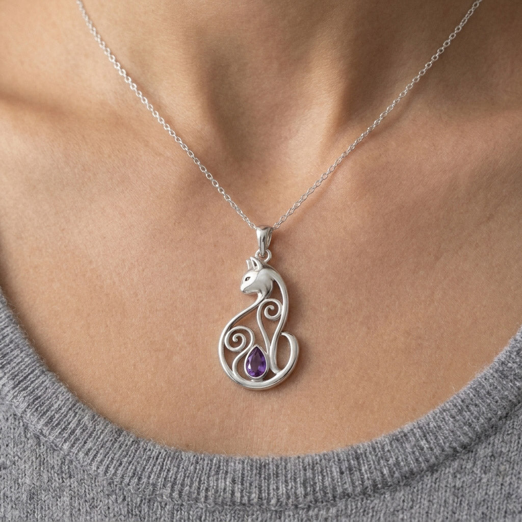 Celtic Cat Sterling Silver Pendant With Gemstone TPD6677