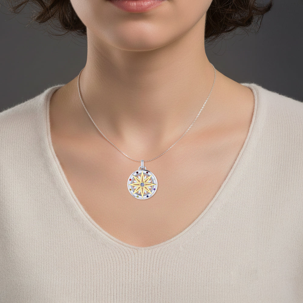 Compass Gemstone Sterling Silver and 18K Gold Accent Pendant MPD683