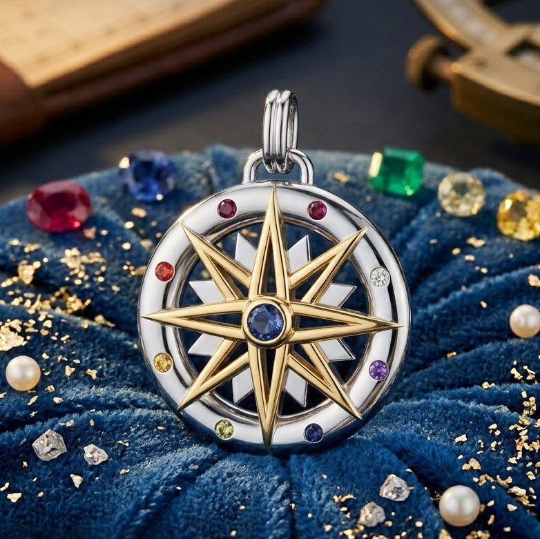 Compass Gemstone Sterling Silver and 18K Gold Accent Pendant MPD683