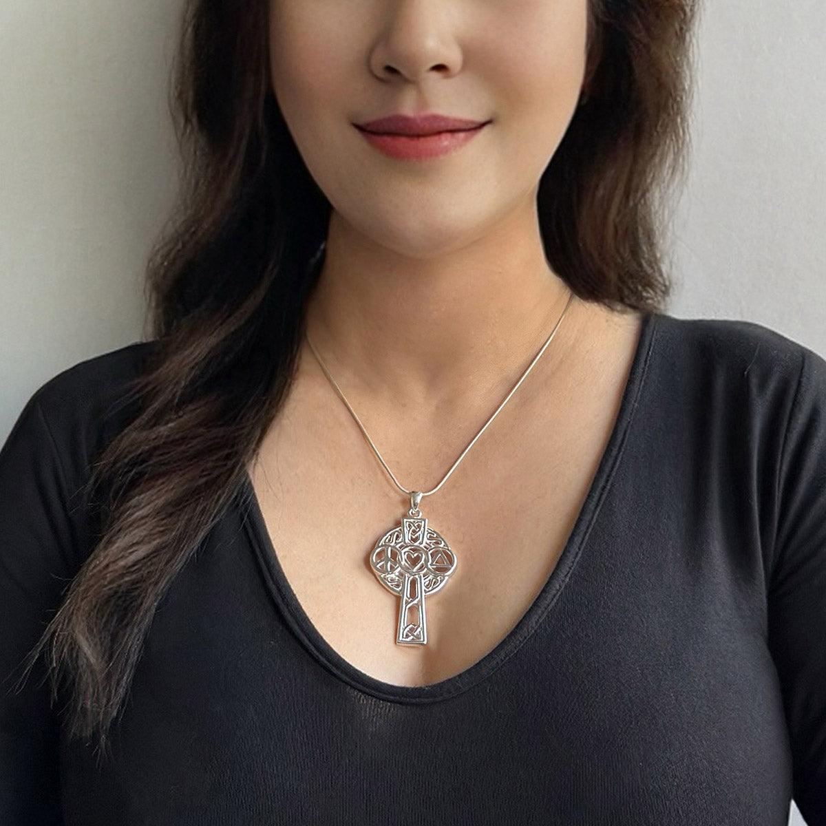 Large Celtic Cross with Heart Peace and Recovery Symbols Silver Pendant TPD7024 - peterstone.dropshipping