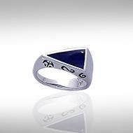 Modern Triangle Inlaid Silver Ring with Side Motif TR3372
