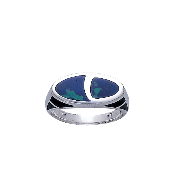 Modern Oval Shape Inlaid Silver Ring with Side Motif TR3379