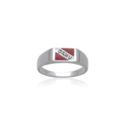 Oahu Island Dive Flag and Dive Equipment Silver Small Ring TR3635