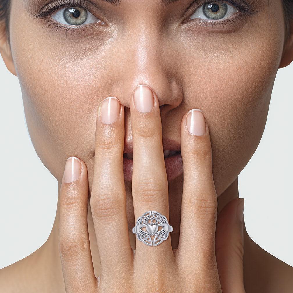 Celtic Claddagh & Celtic Knotwork Silver Ring TR666 - Wholesale Jewelry