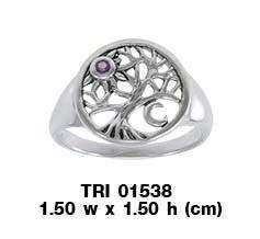 Journey through Life and Universe ~ Sterling Silver Tree of Life Ring with Moon and Sun Gemstone TRI1538