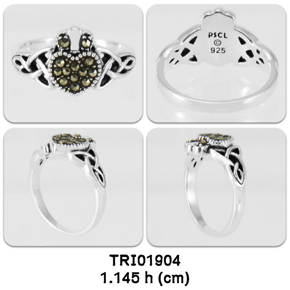 Irish Claddagh and Celtic Knotwork Sterling Silver Ring with Marcasite TRI1904