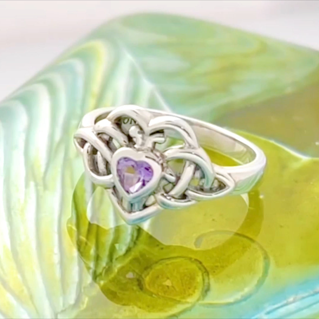 Celtic Knotwork Heart Sterling Silver Ring With Heart Gemstone TRI2362