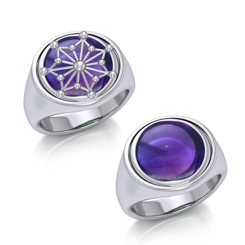 Round Tetragram Energy Symbol Silver Flip Ring with Gemstone TRI1133 - peterstone.dropshipping
