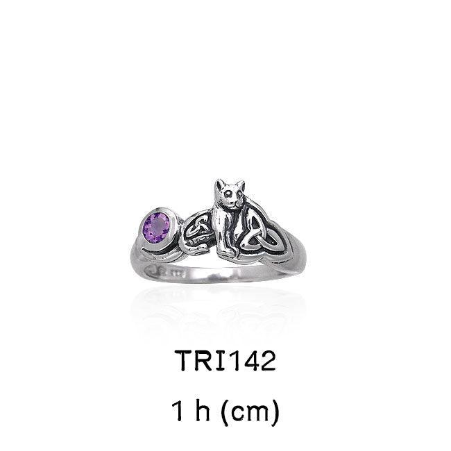 Our revered companion ~ Sterling Silver Jewelry Celtic Cat Ring with Gemstone TRI142