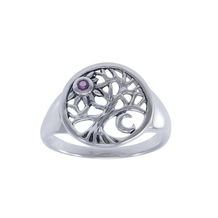 Journey through Life and Universe ~ Sterling Silver Tree of Life Ring with Moon and Sun Gemstone TRI1538