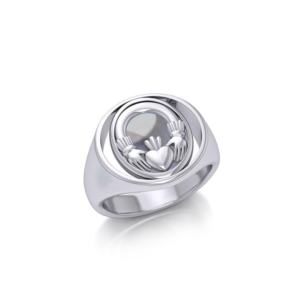 Irish Claddagh Silver Flip Ring with Emerald Glass TRI154