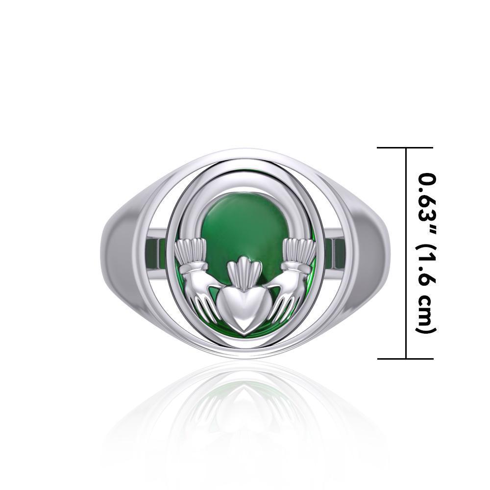 Irish Claddagh Silver Flip Ring with Emerald Glass TRI154