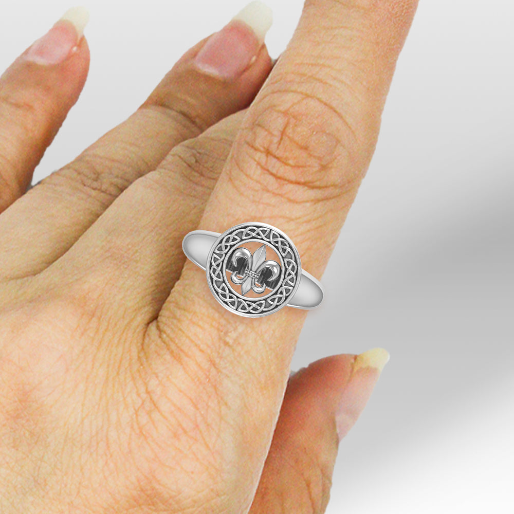 Celtic Knotwork Fleur De Lis Sterling Silver Ring TRI163