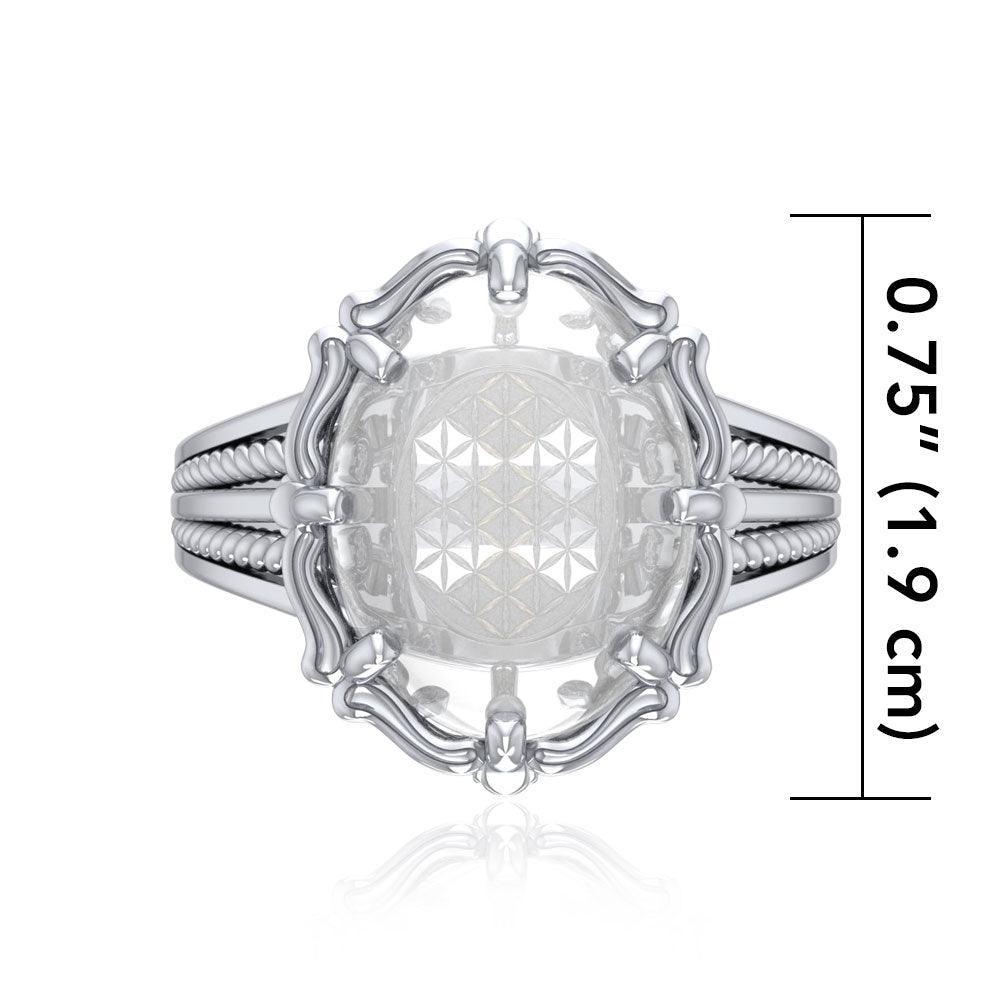 Flower of Life Sterling Silver Ring with Genuine White Quartz TRI1718