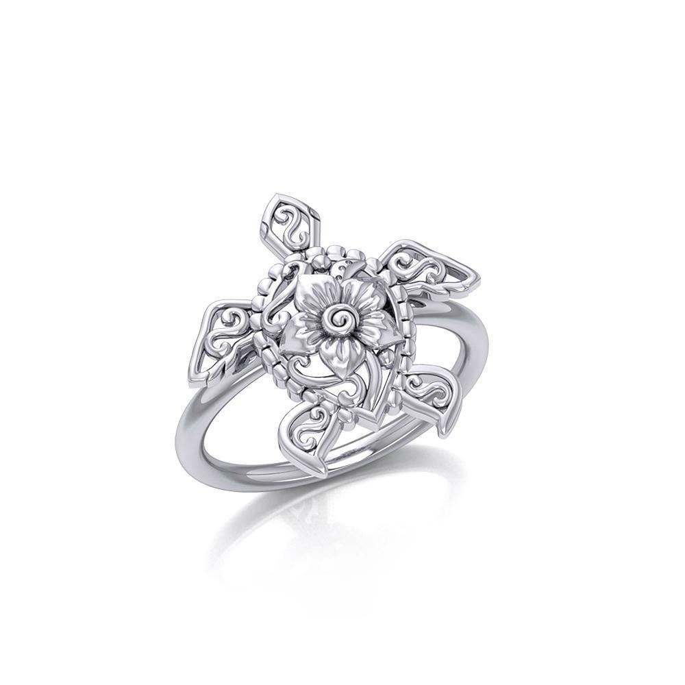 One meaningful step at a time Silver Sea Turtle Floral Filigree Ring TRI1791