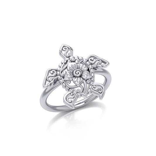 One meaningful step at a time Silver Sea Turtle Floral Filigree Ring TRI1791