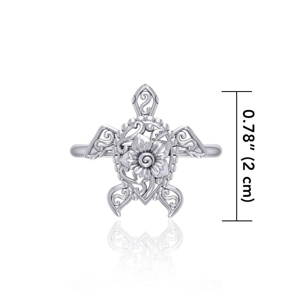 One meaningful step at a time Silver Sea Turtle Floral Filigree Ring TRI1791