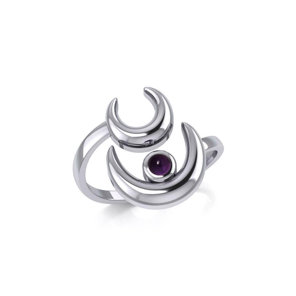 Double Crescent Moon Silver Wrap Ring with Gemstone TRI1892