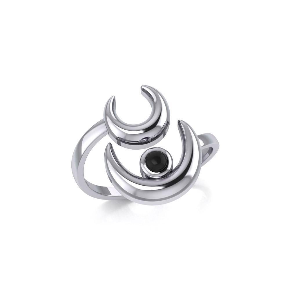 Double Crescent Moon Silver Wrap Ring with Gemstone TRI1892