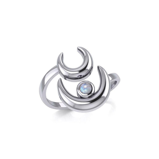 Double Crescent Moon Silver Wrap Ring with Gemstone TRI1892