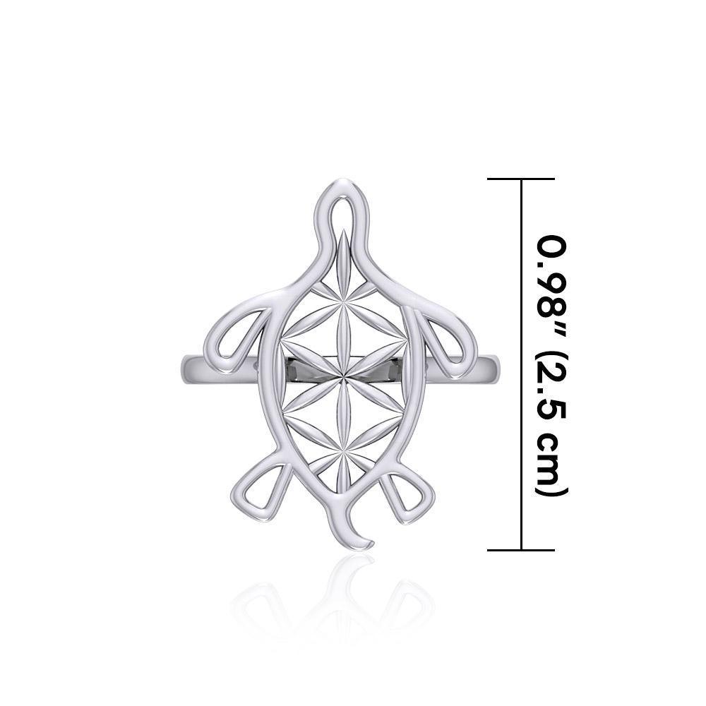 Turtle with Flower of Life Shell Silver Ring TRI1894