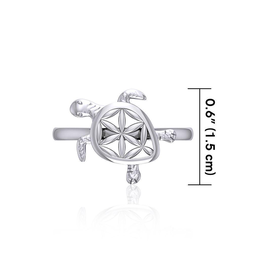 Swimming Turtle with Flower of Life Shell Silver Ring TRI1895