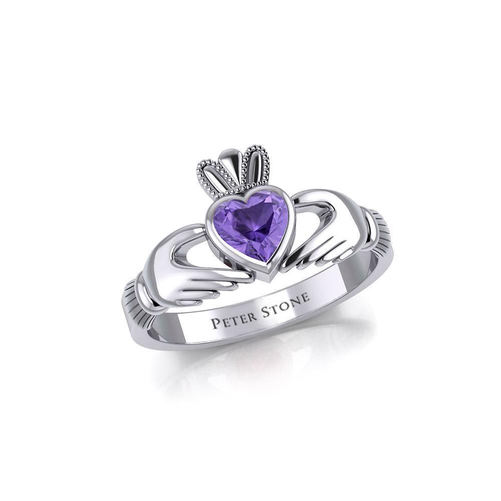 Irish Claddagh Silver Ring with Large Gemstone TRI1901